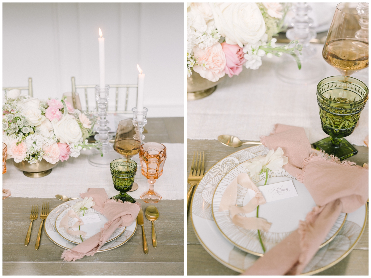 tablescape with white and gold place setting and peach linen