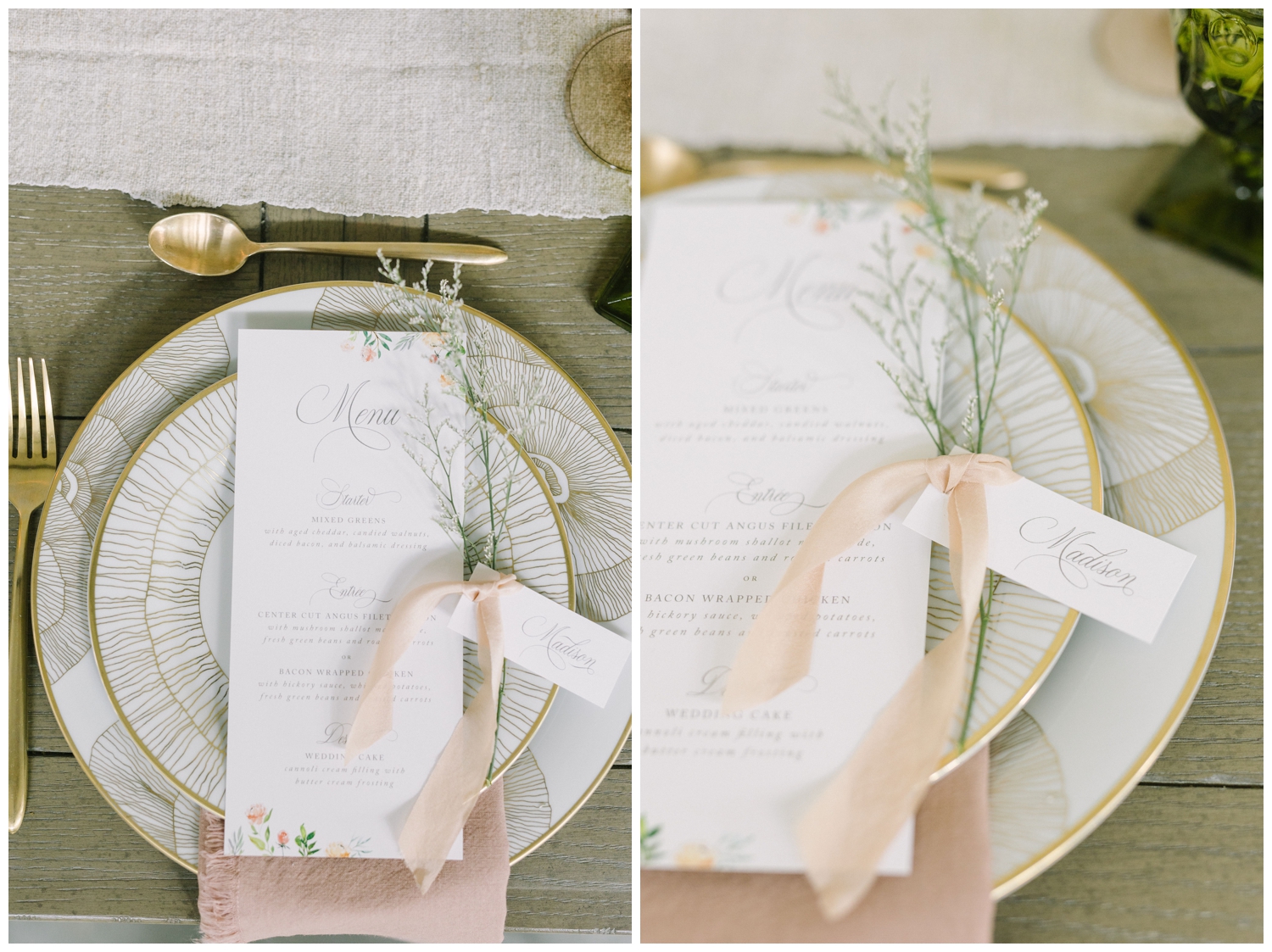 white and gold place setting with white menu card