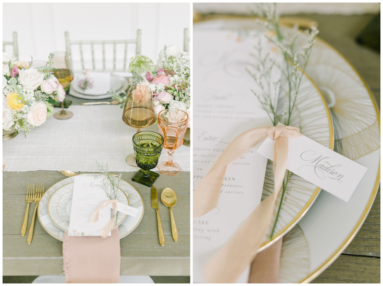 white and gold place setting with menu card