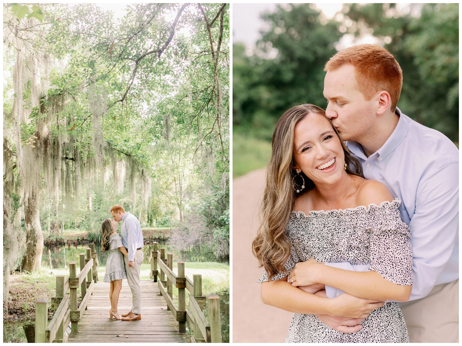 couple kissing on bridge for Cypress engagement photographer outside at Cy-Hope
