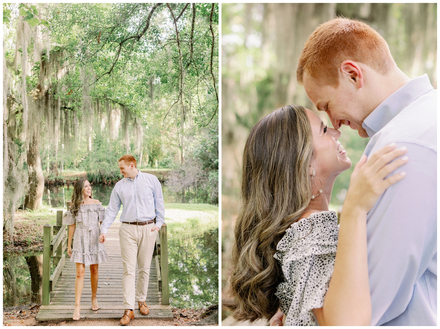 Cypress engagement photographer with engaged couple outdoors at Cy-Hope under mossy tree