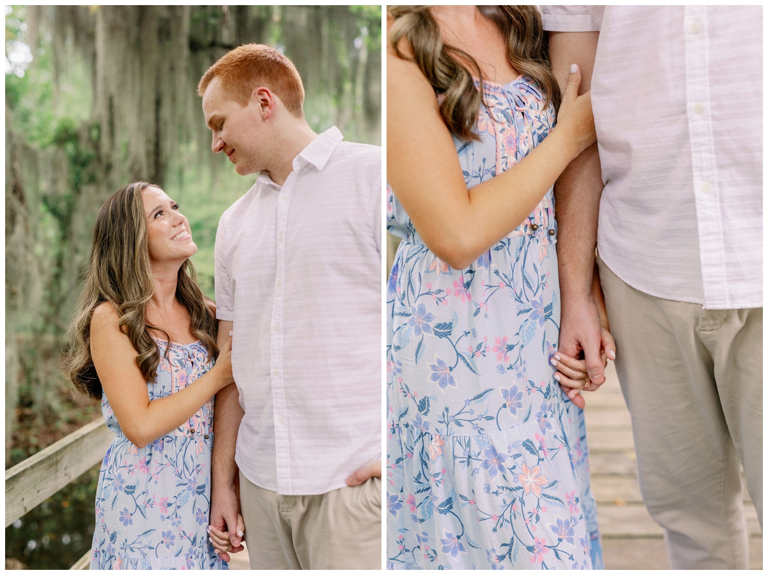 girl with long flowing sundress holding guys hand for Cypress engagement photographer at Cy-Hope