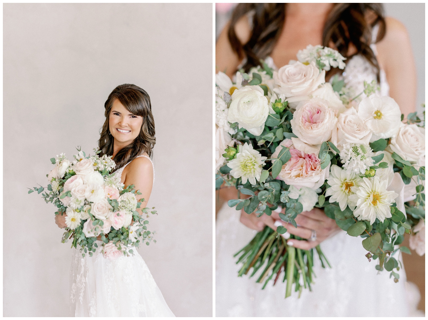 bridal portraits with pink and white bouquet inside Iron Manor