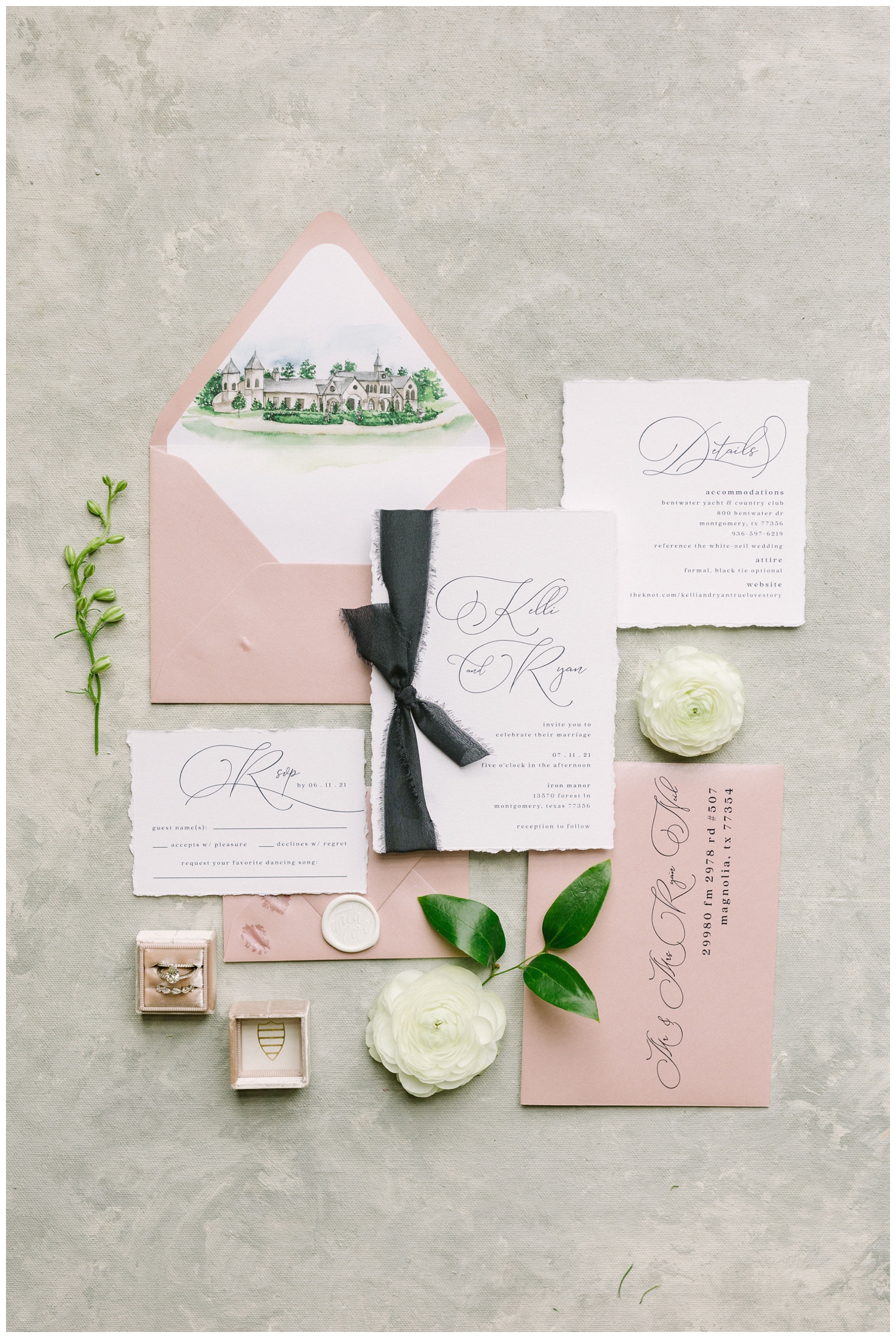pink, white and black invitation suite with Iron Manor wedding venue on envelope