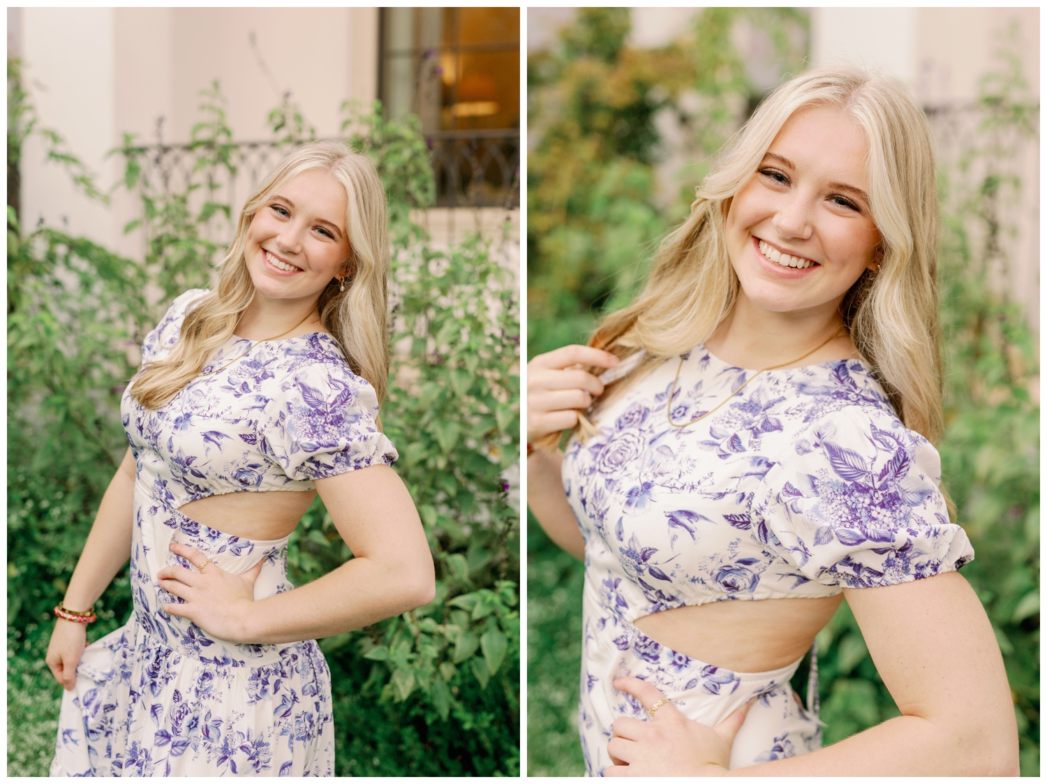 senior girl in white and blue floral dress outdoors smiling for Senior Spokesmodel Team Houston