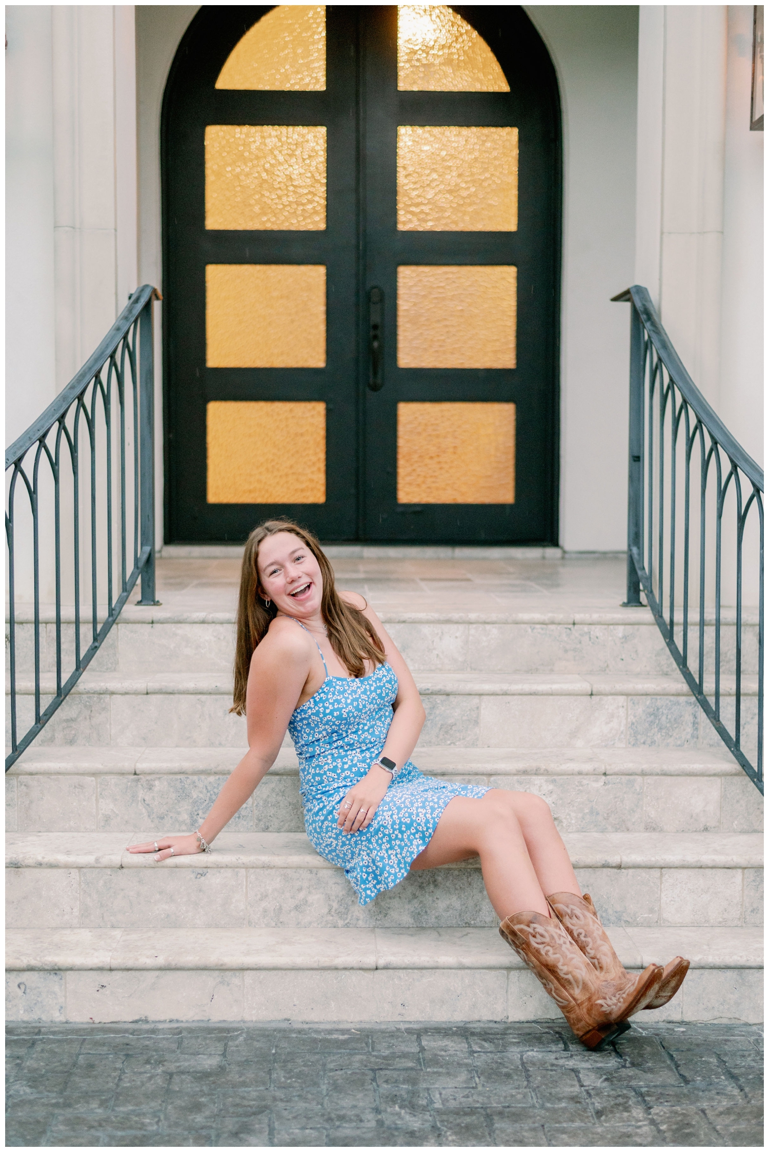 senior high school girl sitting on steps for senior portrait Houston Texas