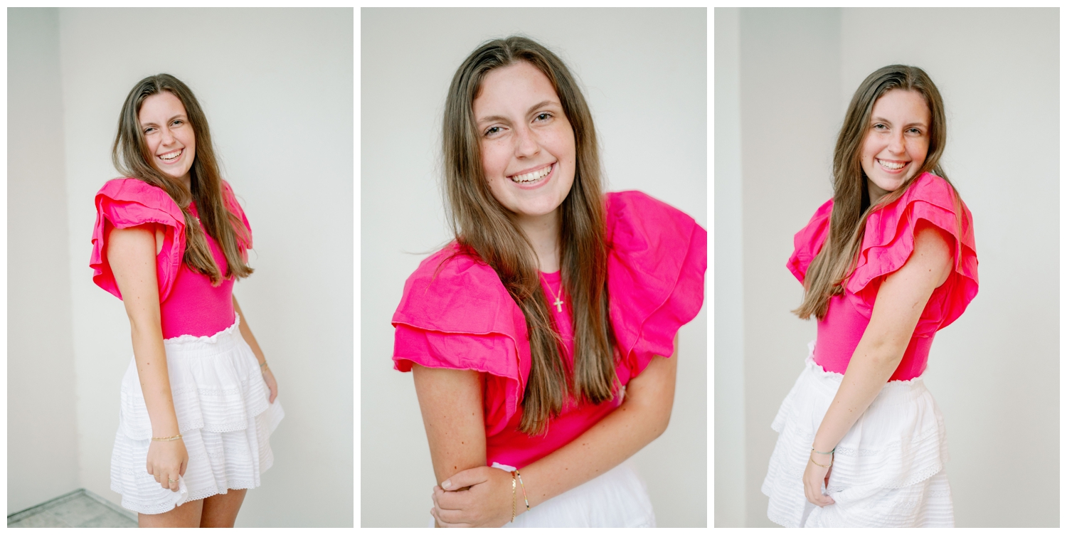 Houston senior girl portrait in hot pick blouse and white skirt