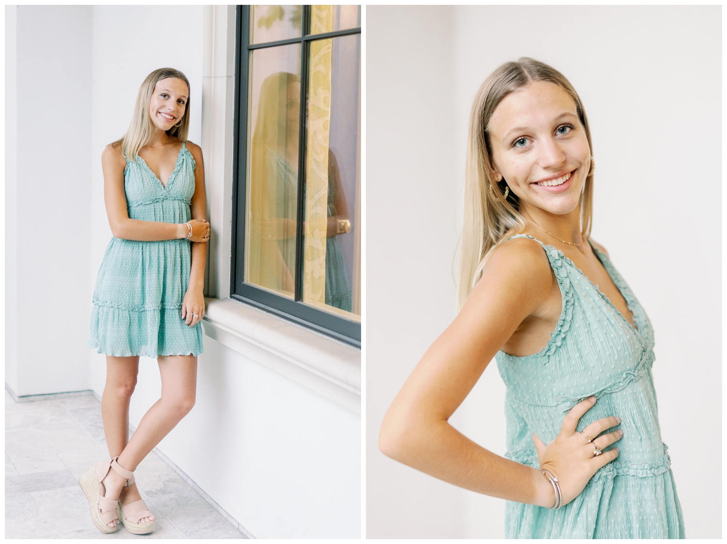 Senior Spokesmodel Team Houston senior girl standing against white wall in green sundress