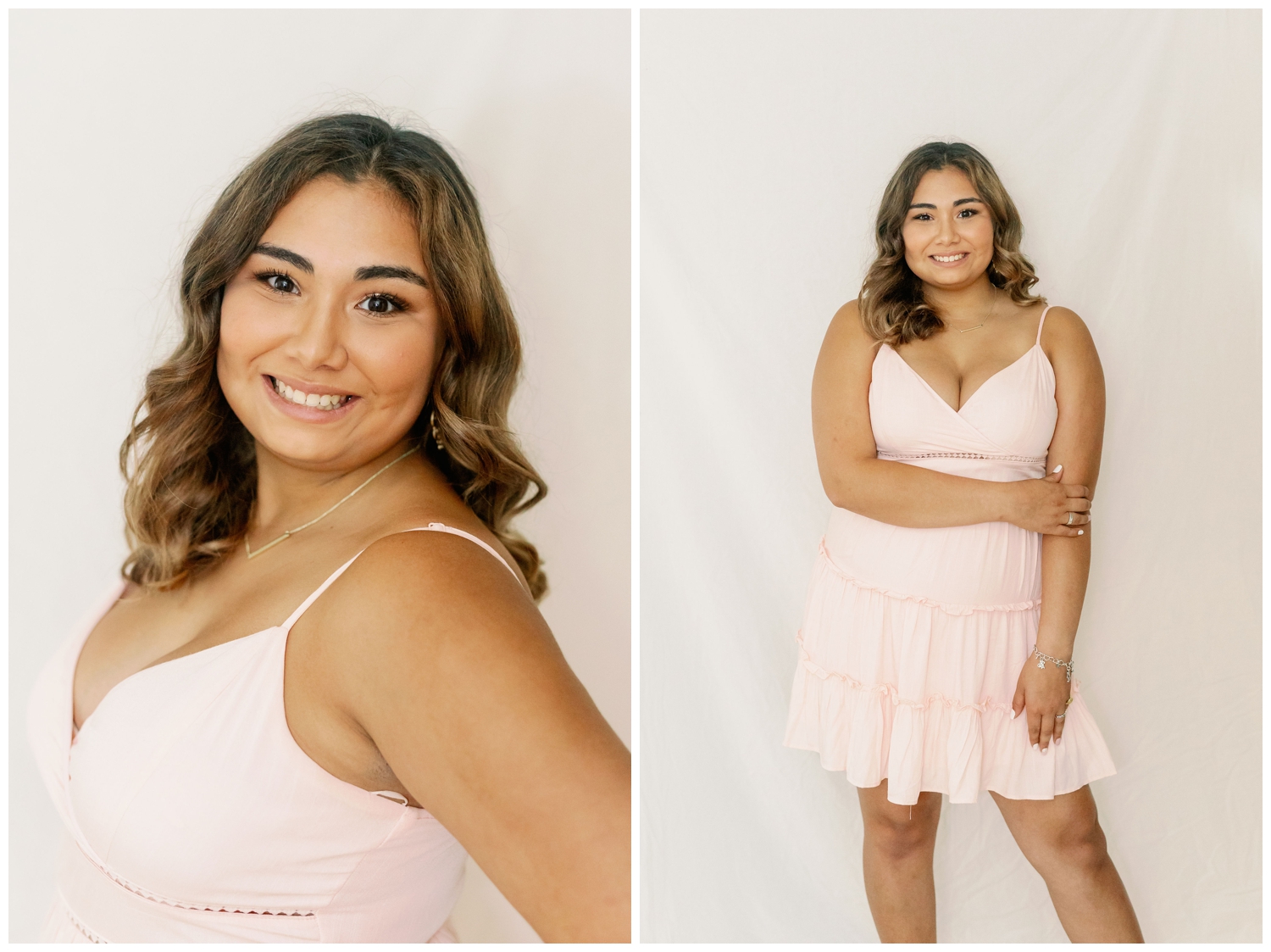 girl in blush dress smiling in front of white background for Reed Gallagher Photography