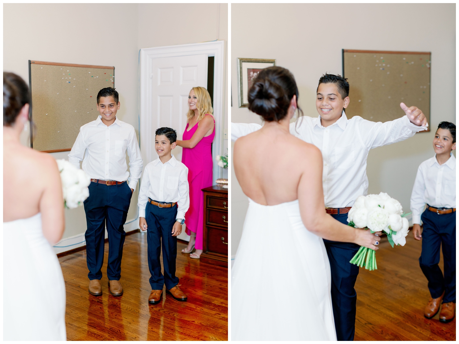 bride first look with her boys inside The Houstonian Hotel wedding