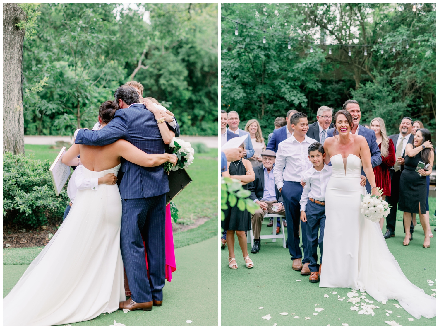 newlyweds hugging family after outdoor ceremony The Houstonian Hotel wedding