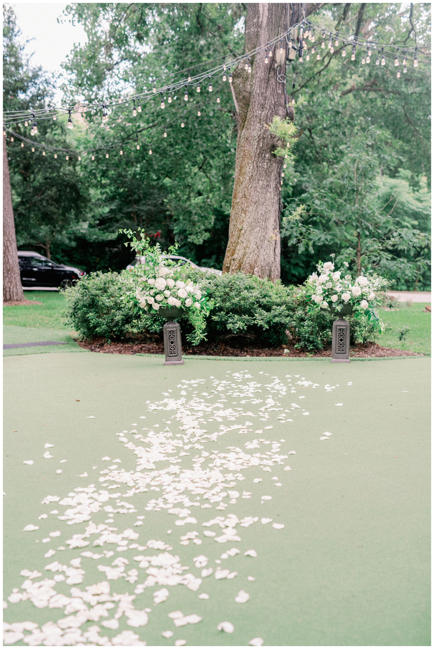 outdoor ceremony space with white rose petals leading to tree The Houstonian Hotel wedding