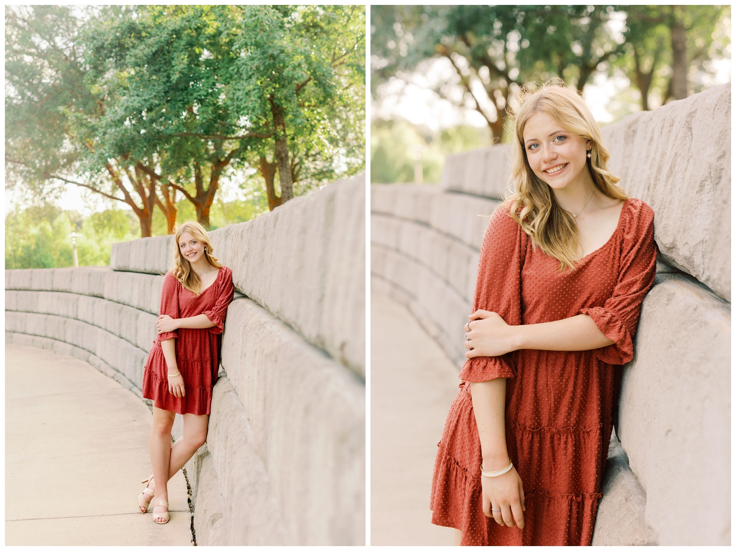 downtown Houston senior standing against gray wall in coral dress