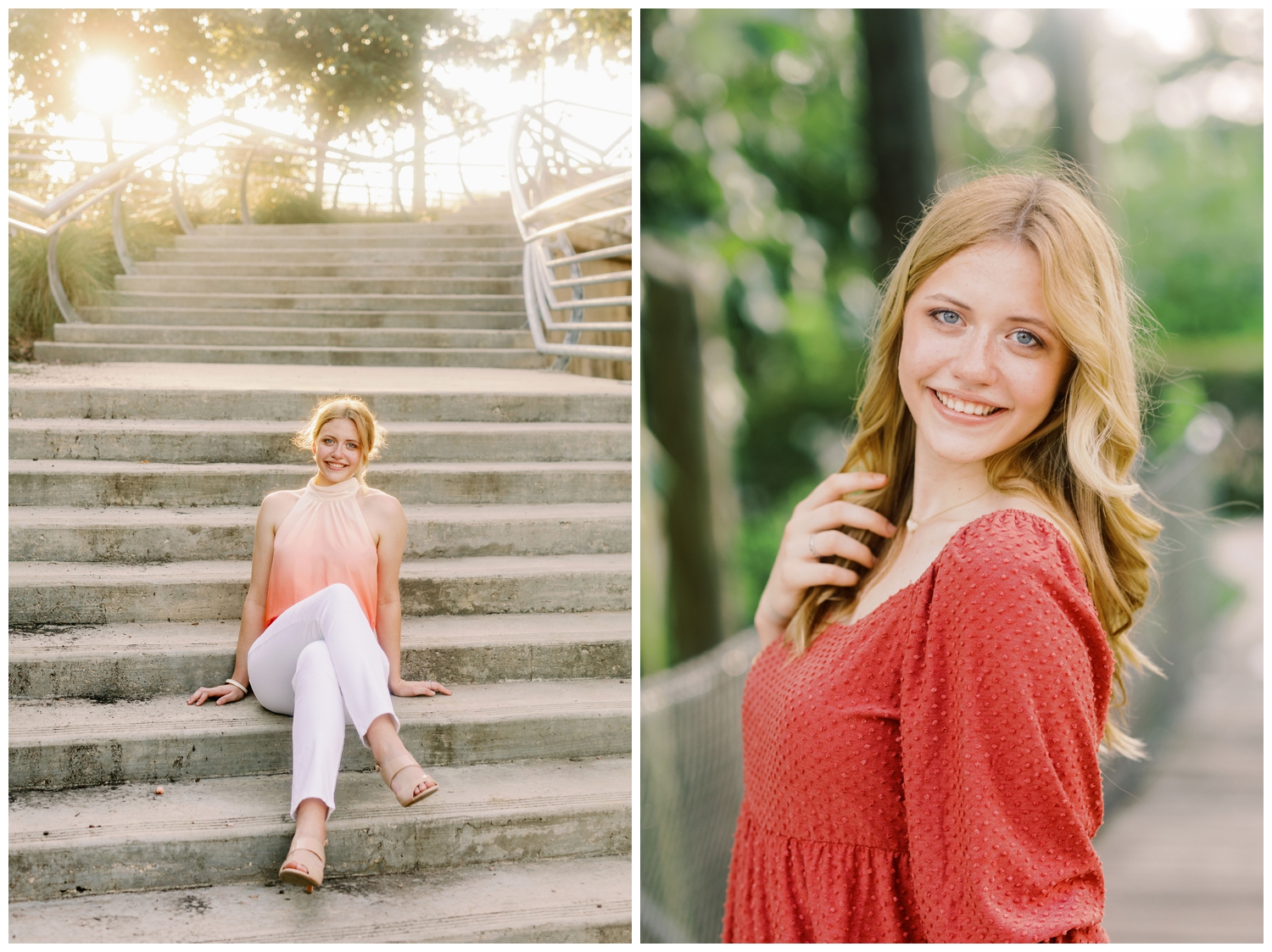 downtown houston senior photography session with girl on stairs