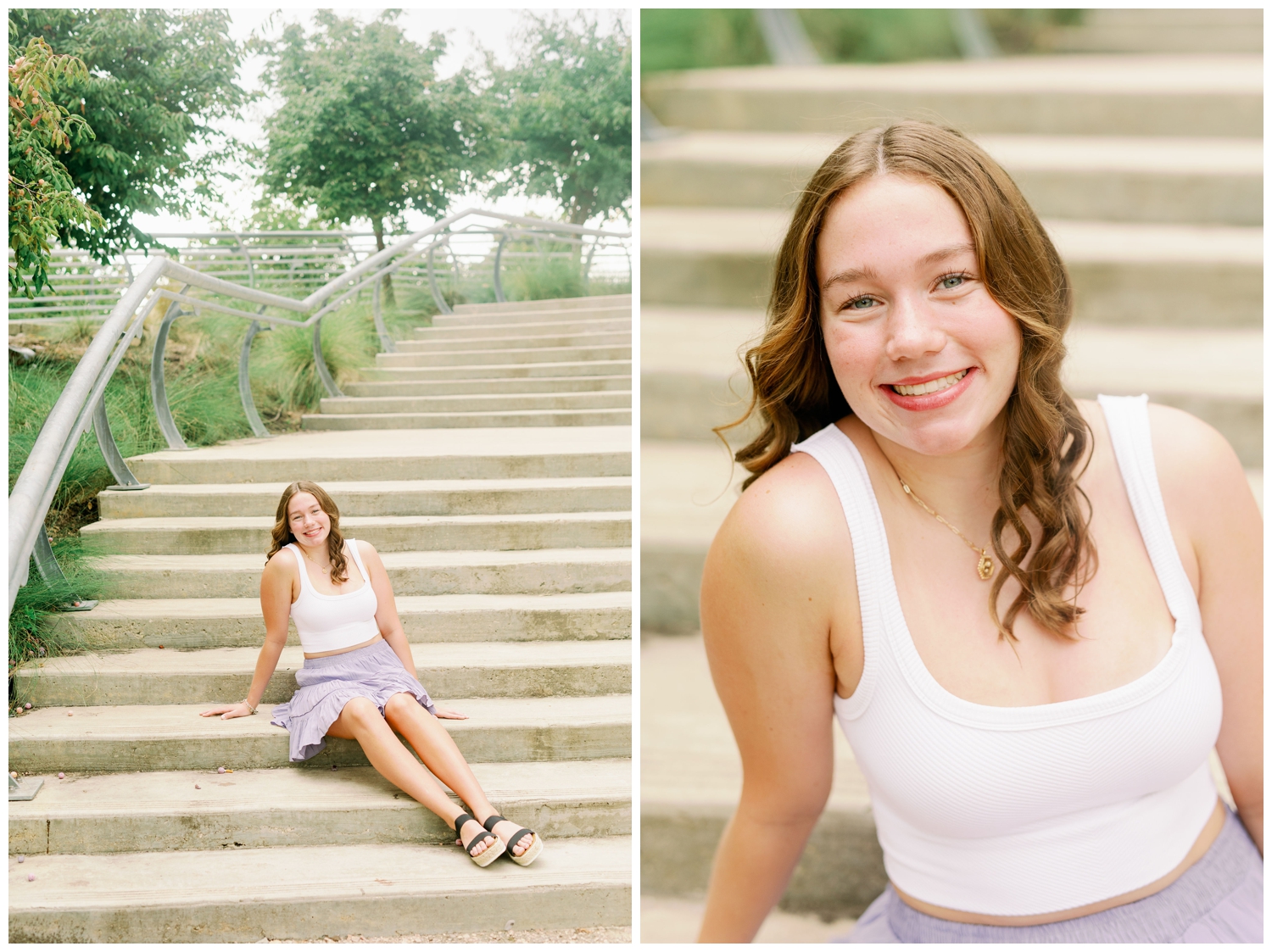 girl sitting on stairs in Buffalo Bayou Houston senior photos