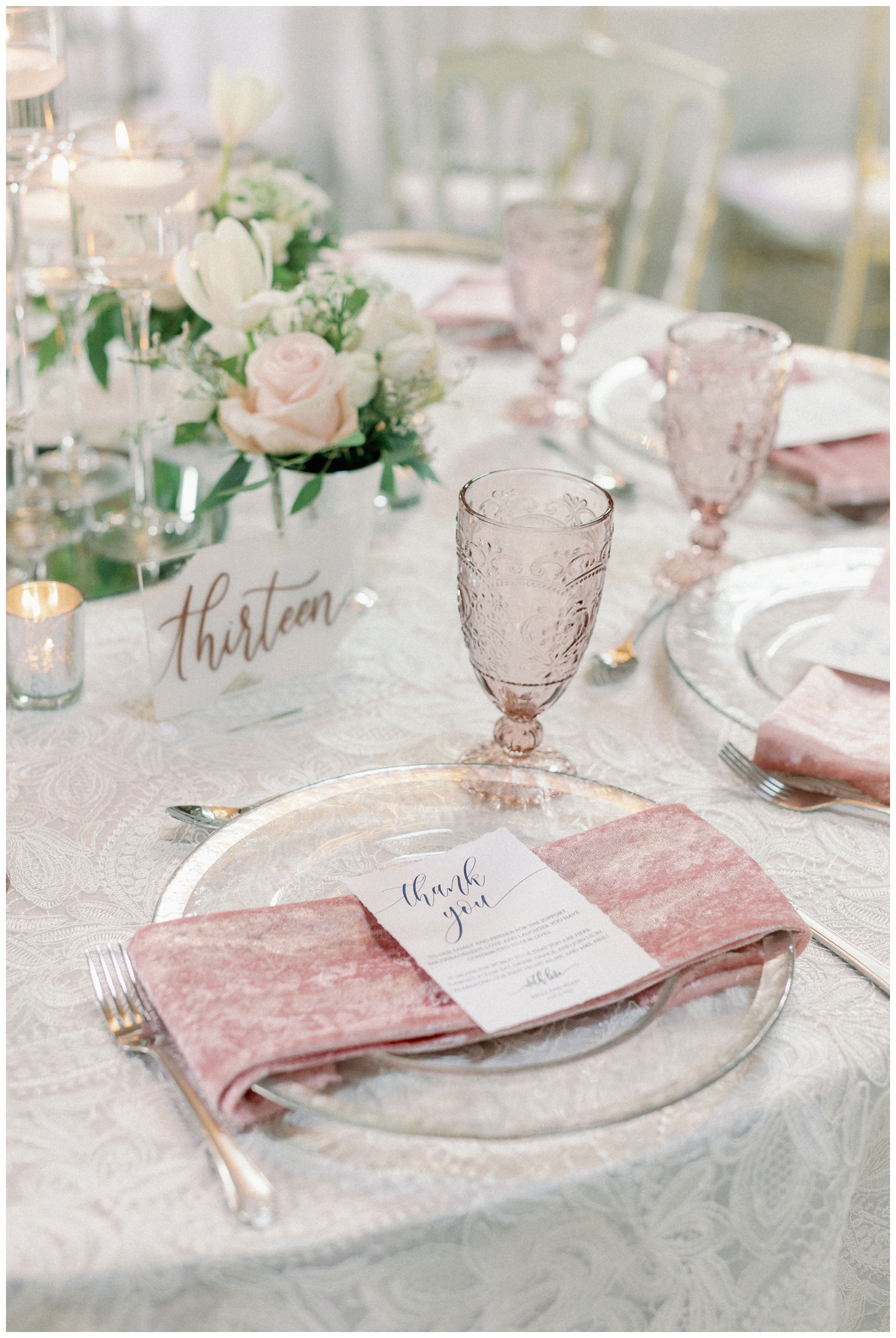 pink linen table setting inside Iron Manor wedding recpetion hall