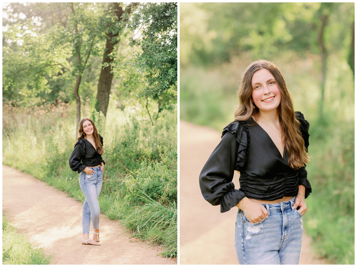 senior girl standing on path for Senior photography Houston Arboretum in jeans and black shirt