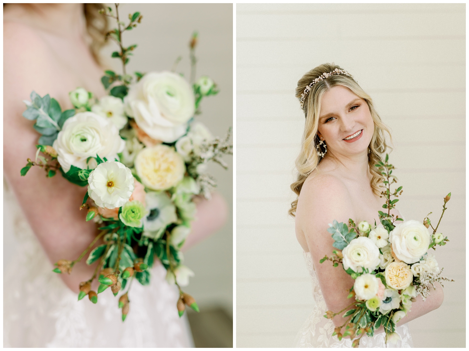 bridal portrait with bride holding white and soft yellow floral bouquet