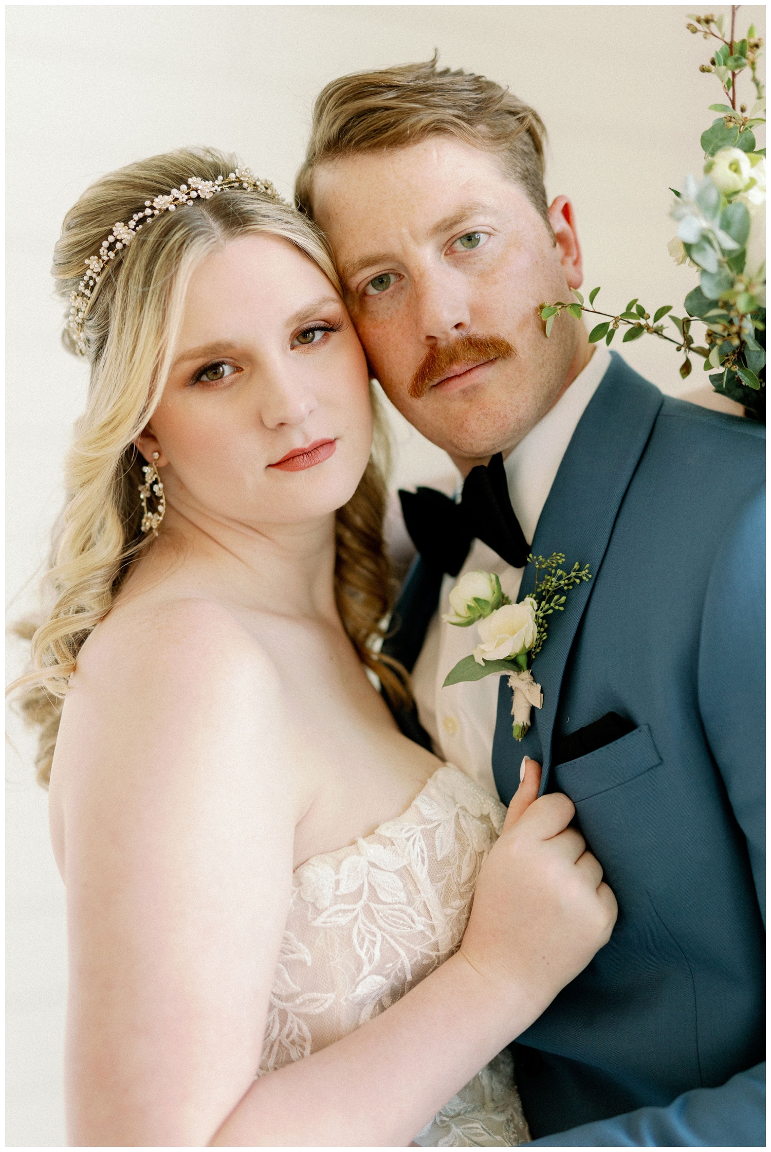 close up portrait of bride and groom inside The Farmhouse Wedding in Montgomery Texas