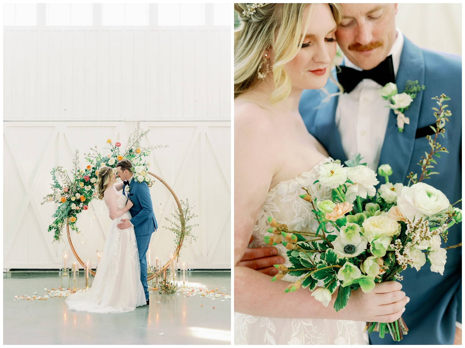 bride and groom looking at bouquet inside The Farmhouse Wedding and Event Venue while standing in front of gold hoop with bright florals