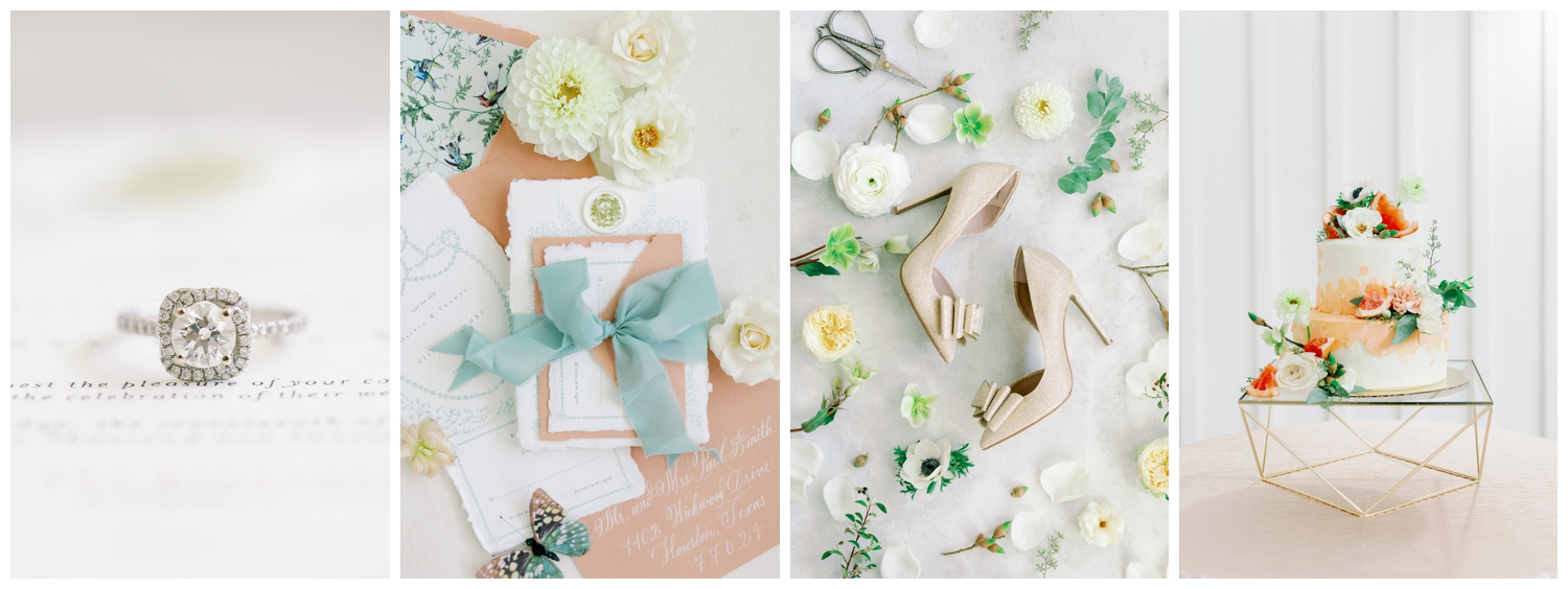 detailed shots of florals, shoes and invitation from editorial shoot at The Farmhouse