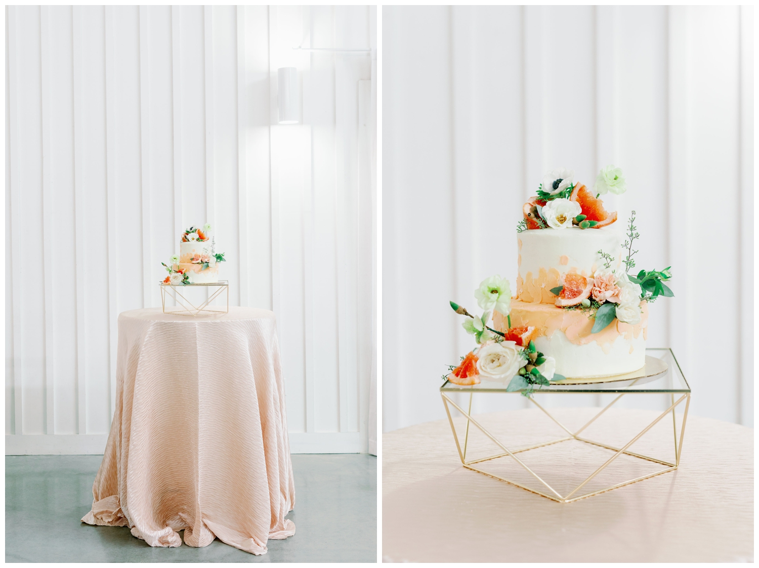 white wedding cake with peach accents on blush linens at he Farmhouse Wedding and Event Venue