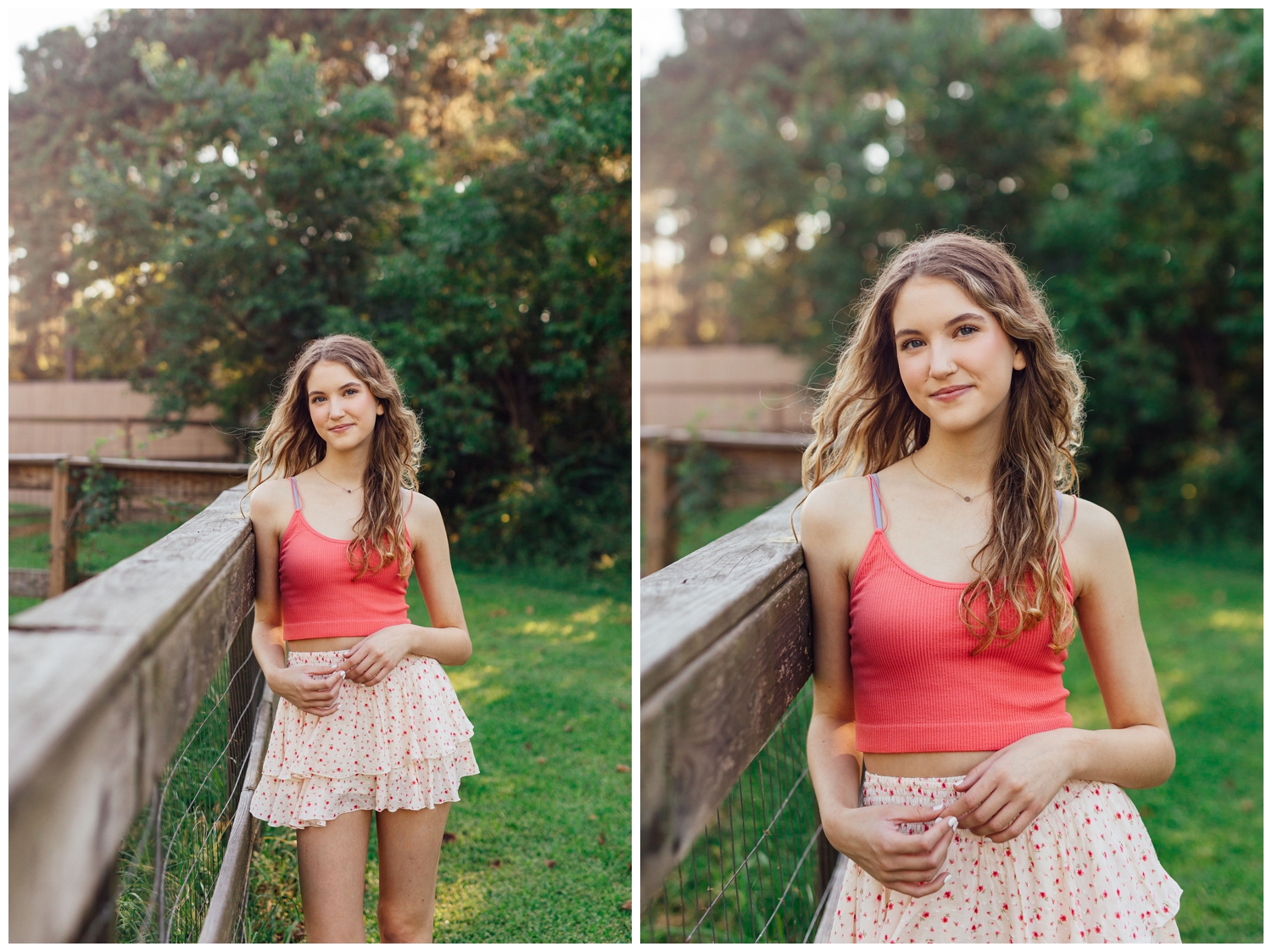 girl in coral top and white skirt leaning on fence for colorful Houston senior photos