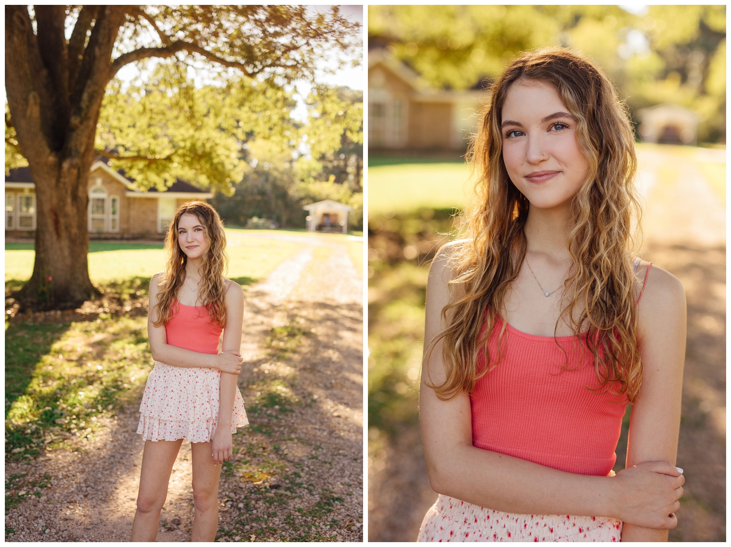 girl in coral tank top standing in front of her home smiling at Reed Gallagher Photography