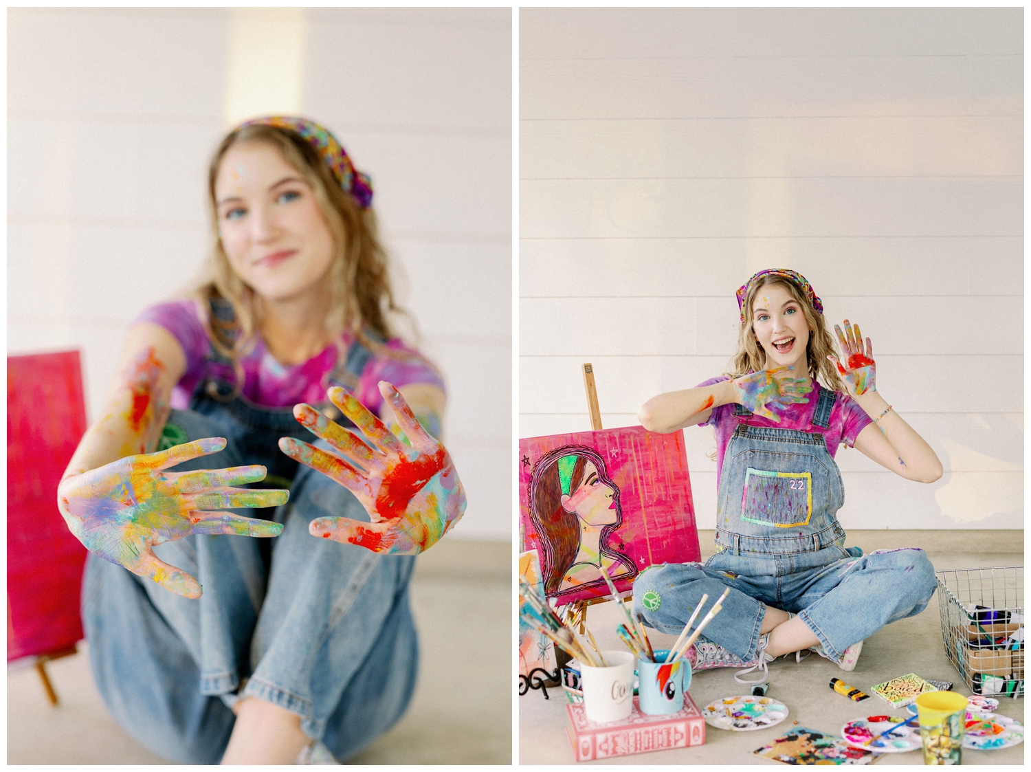 girl in painted overalls sitting and holding out painted hands for colorful Houston senior photos