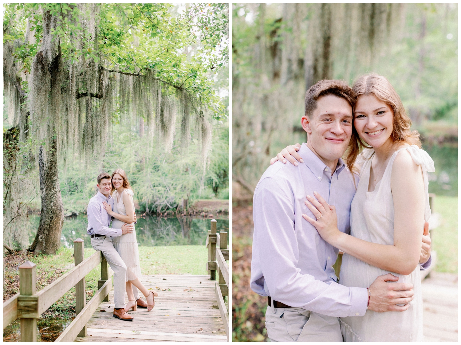 couple standing under oak tree with moss at Cy-Hope for Cypress engagement photos