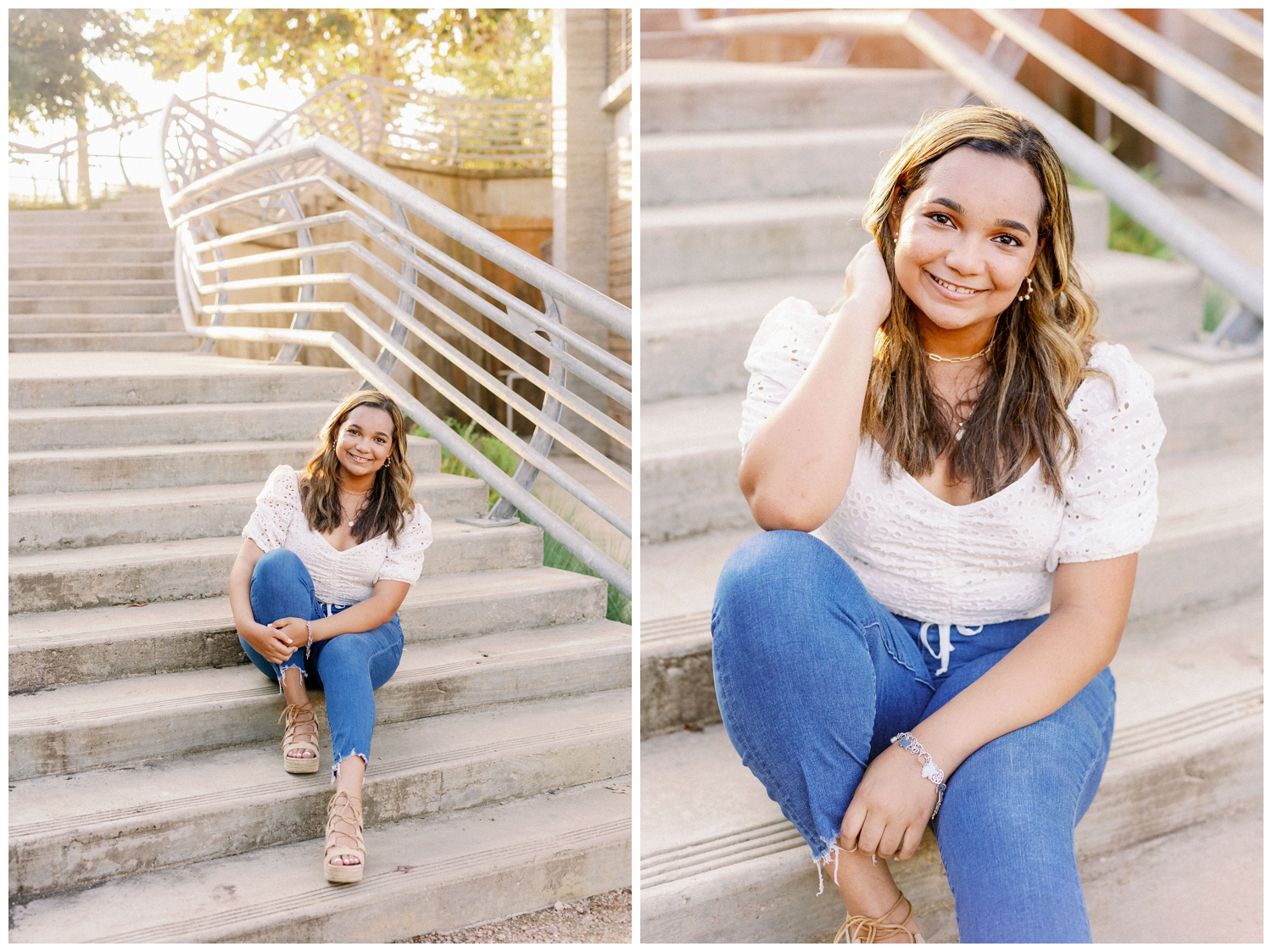 senior girl in white shirt and blue jeans sitting on stairs at Buffalo Bayou fall Houston senior photos
