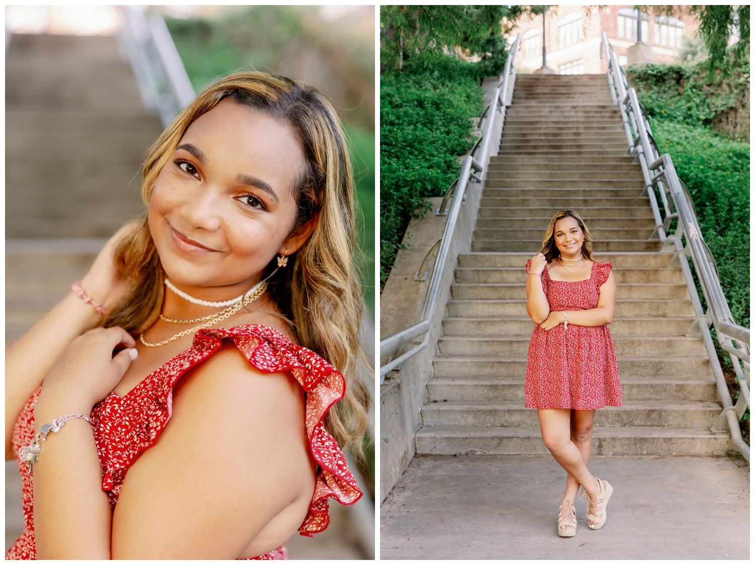 girl standing on staircase outdoors at Buffalo Bayou Park in downtown Houston