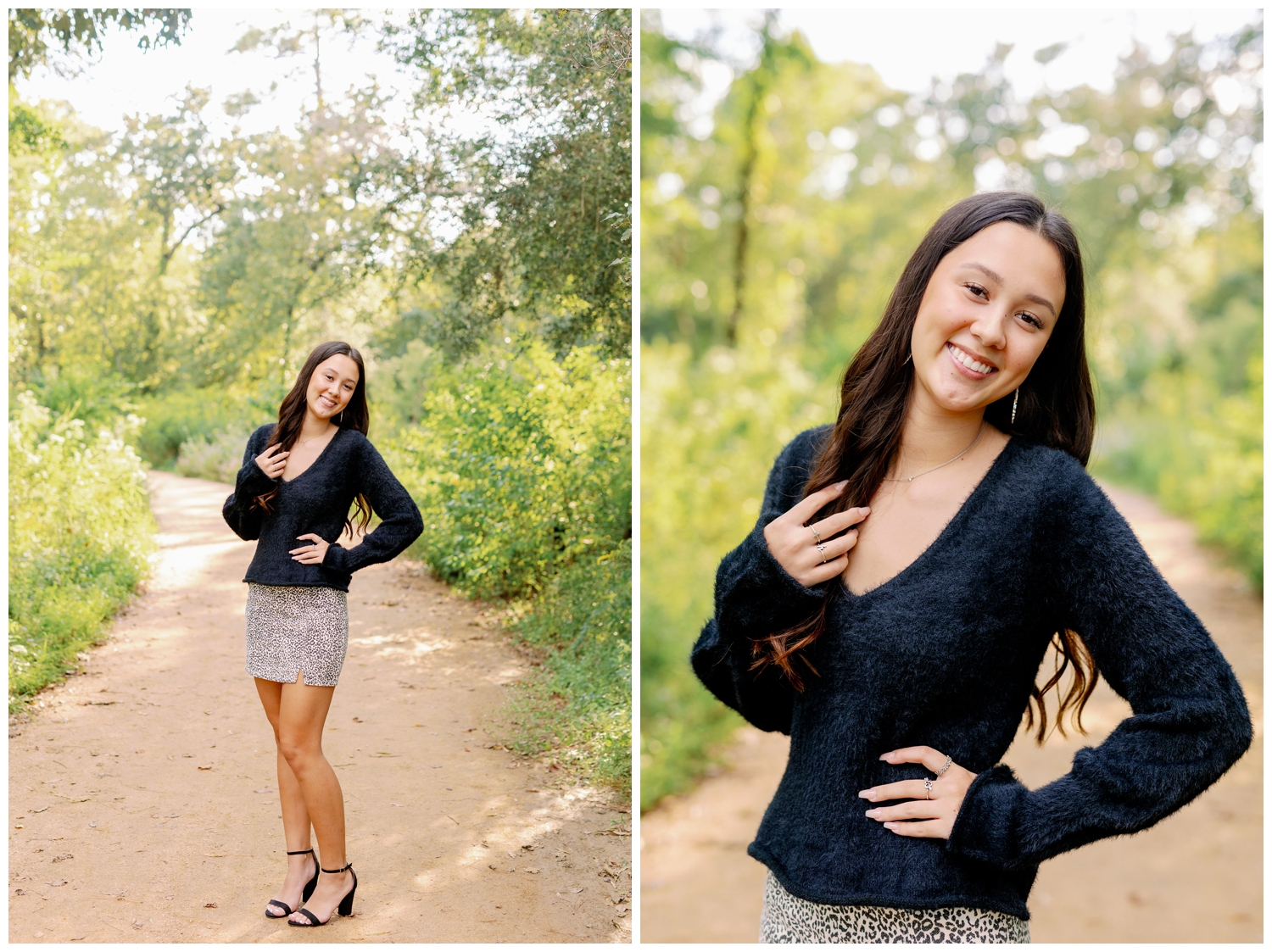 girl in black blouse and leopard skirt standing on a pathway fall senior pictures Houston Arboretum