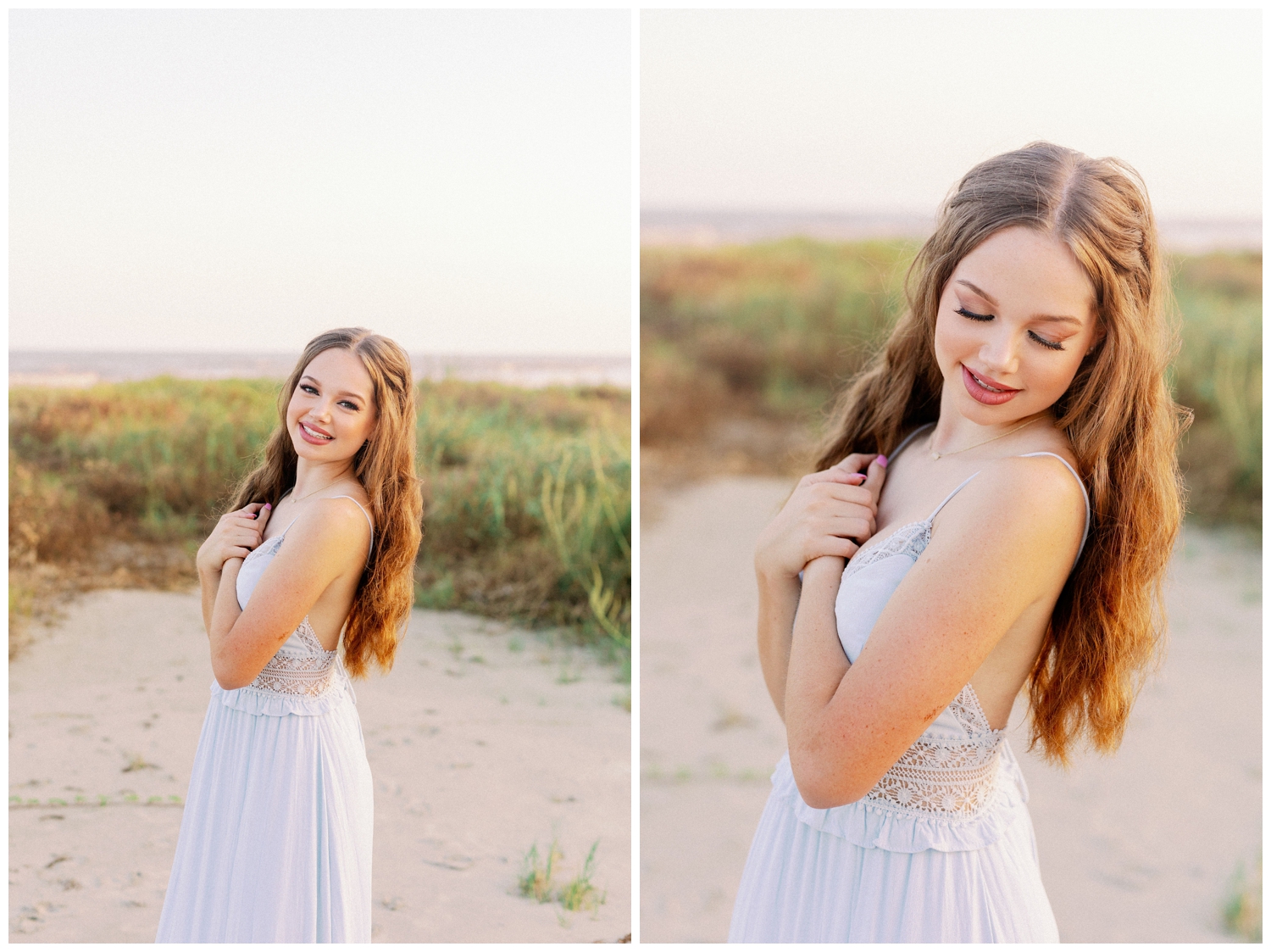 high school senior girl standing on Galveston Beach with hand in hair