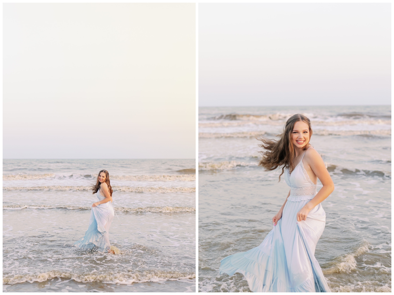 girl twirling dress in the water at Galveston Beach senior photos