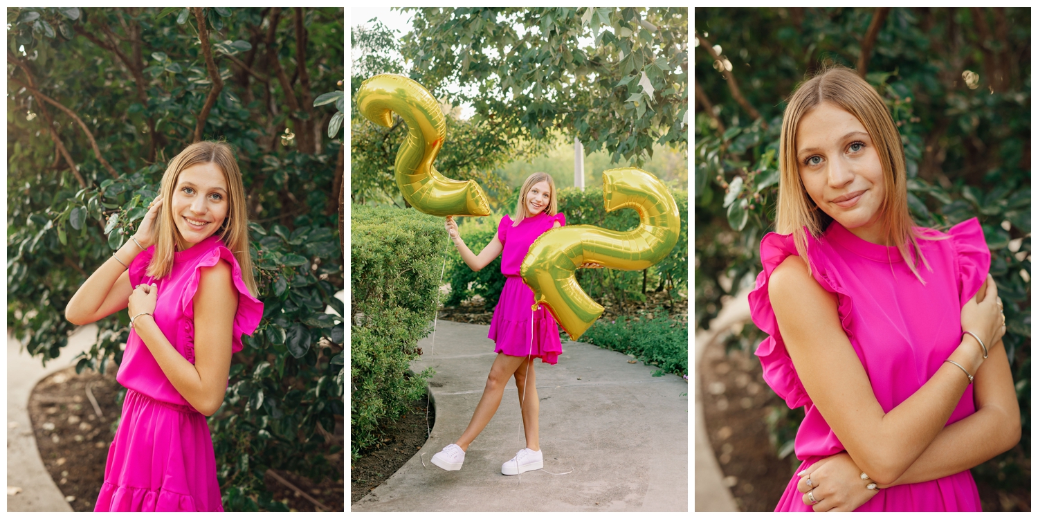 Houston senior pictures with balloons and girl standing holding 22 number balloons