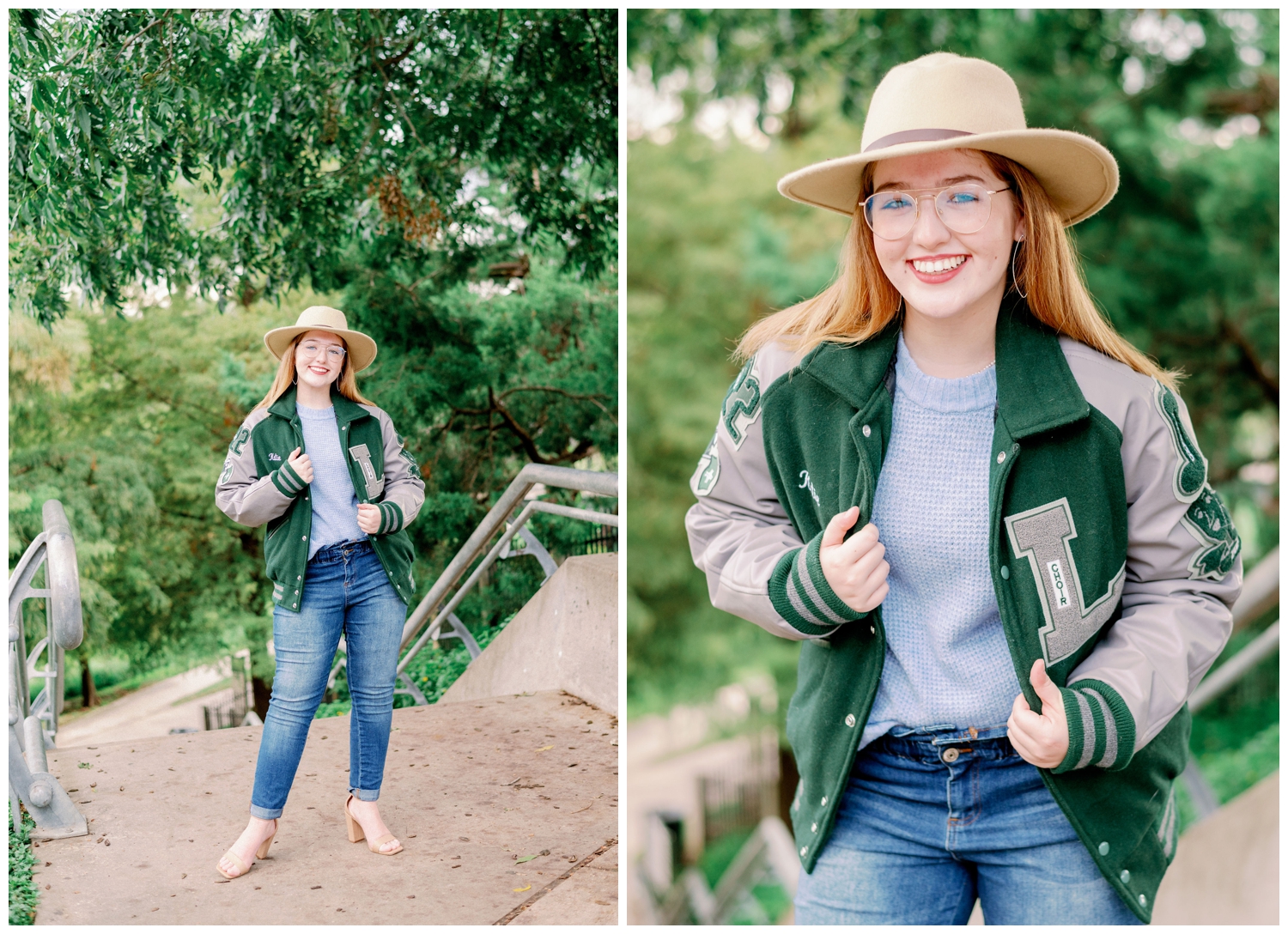 girl standing in green letter jacket with hat on for senior pictures downtown Houston