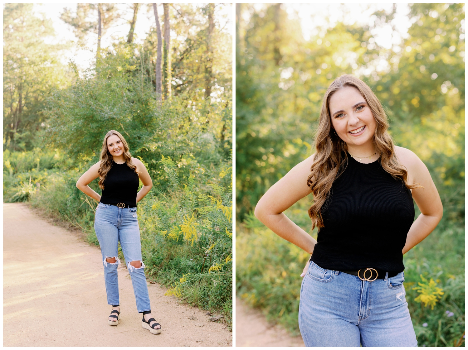 senior girl in black tank top and jeans standing with hands on hip in front of greenery inside Houston Arboretum