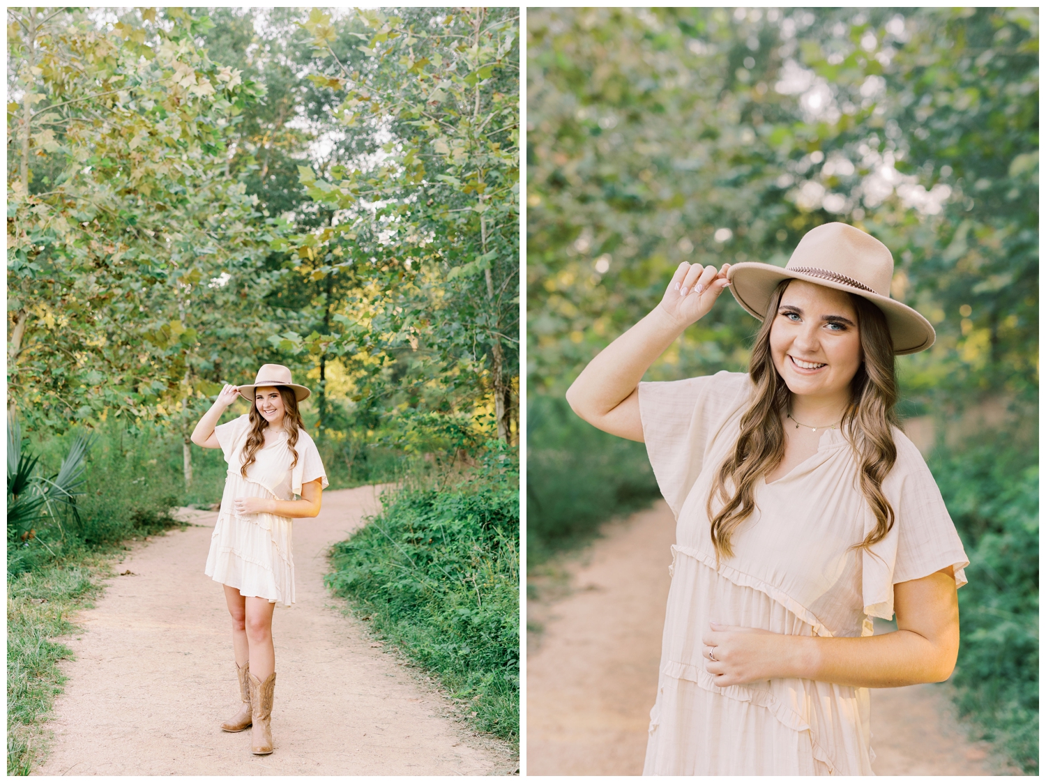 girl in cowboy boots , hat and cream sundress standing on pathway in front of Reed Gallagher Photography