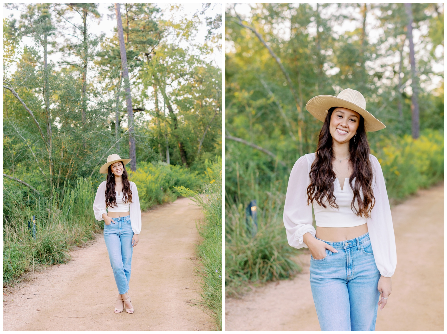 girl walking on pathway at Houston Arboretum in jeans, white blouse and hat
