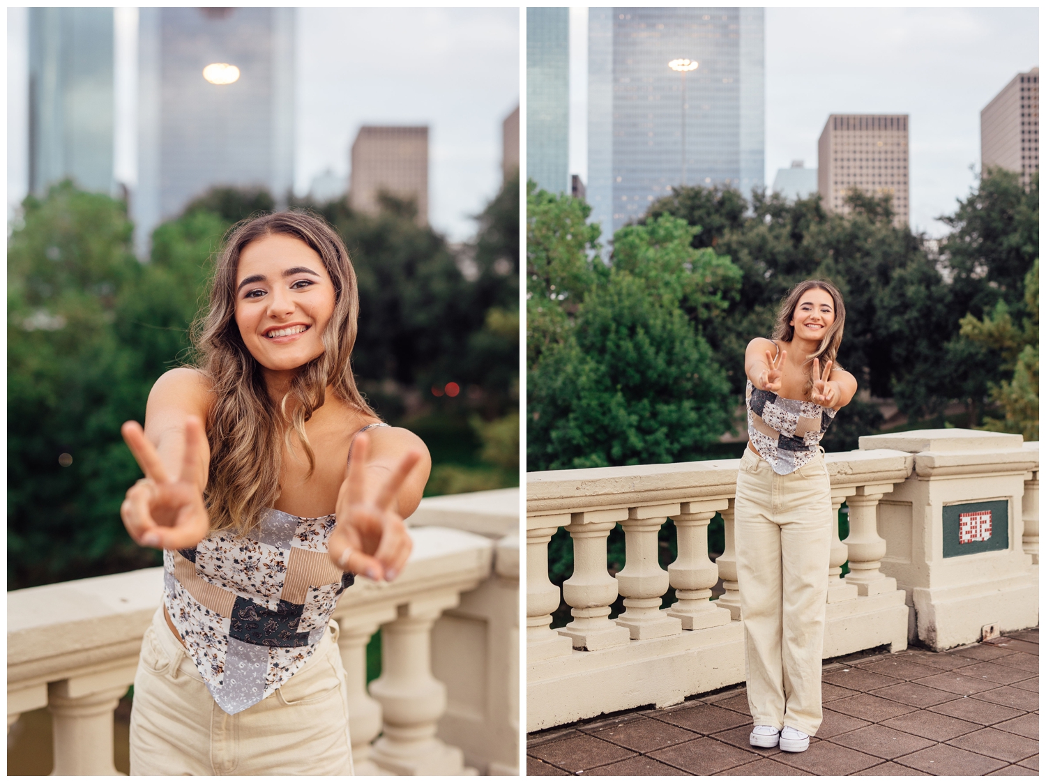girl standing on Sabine Street Bridge holding out number two fingers for Houston senior dance photographer