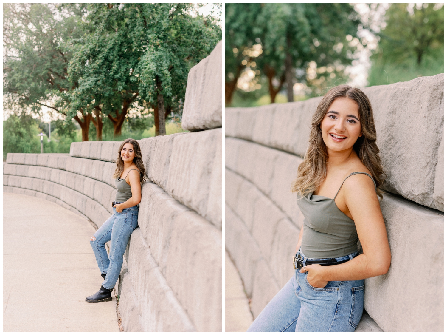 girl in jeans and black boots leaning on gray wall for Houston senior dance photographer