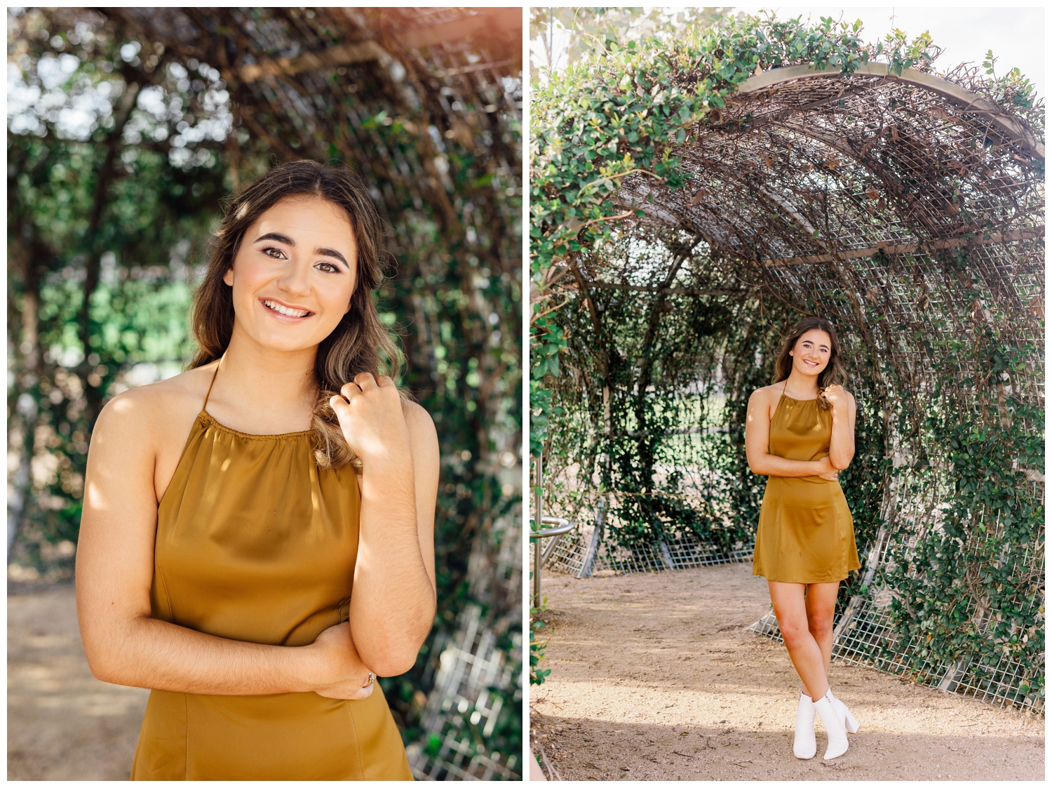 girl in gold dress with white boots standing in ivy garden wall smiling for Houston senior dance photographer