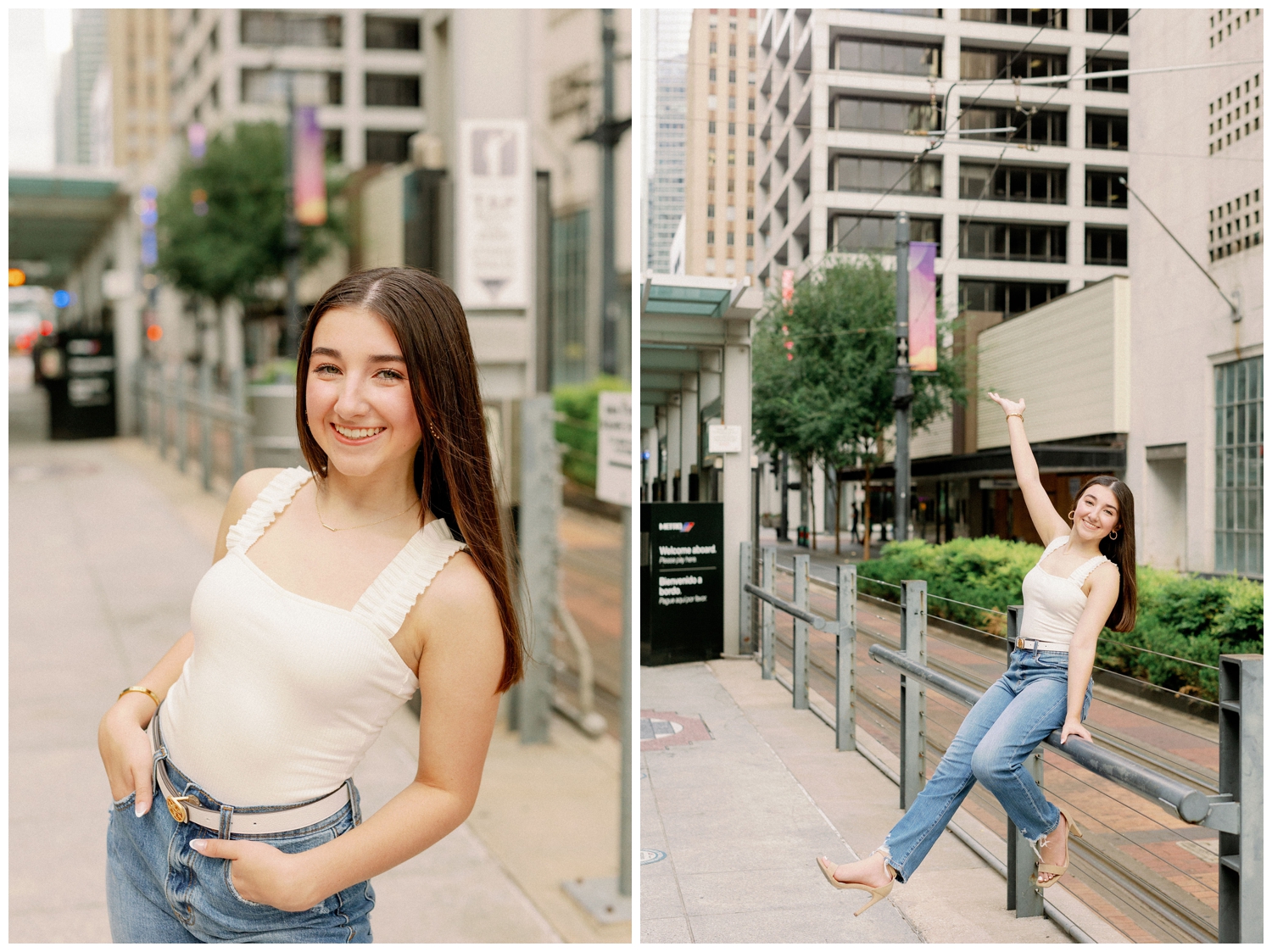 girl in jeans and white tank Houston urban senior photographer