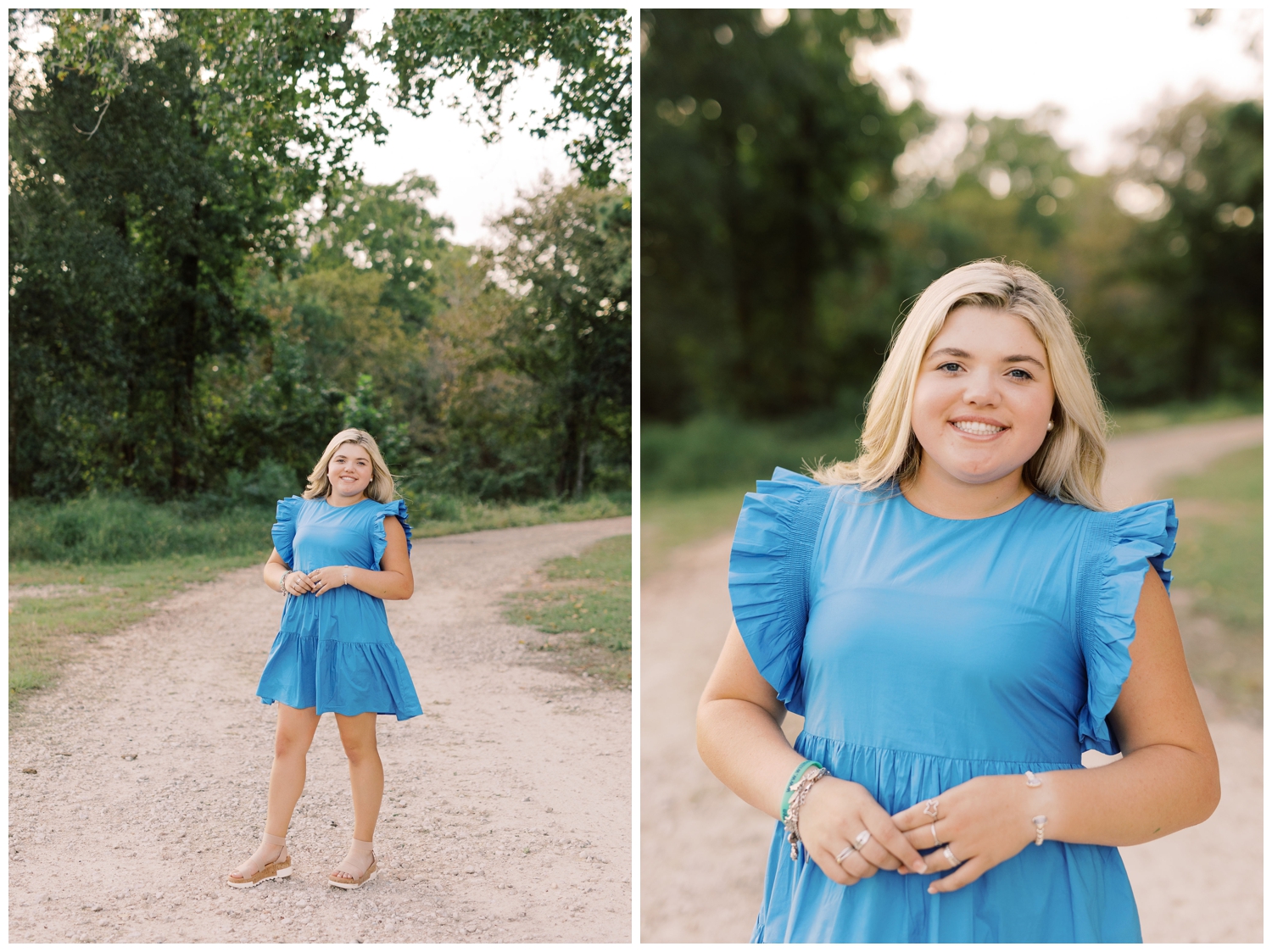 girl in bright blue dress standing on pathway at Cy-Hope in Cypress, Texas
