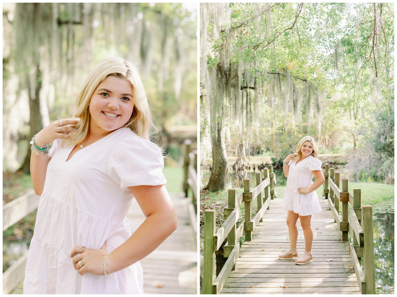 girl in cream romper standing under mossy trees on bridge at Cy-Hope for colorful Houston senior photography