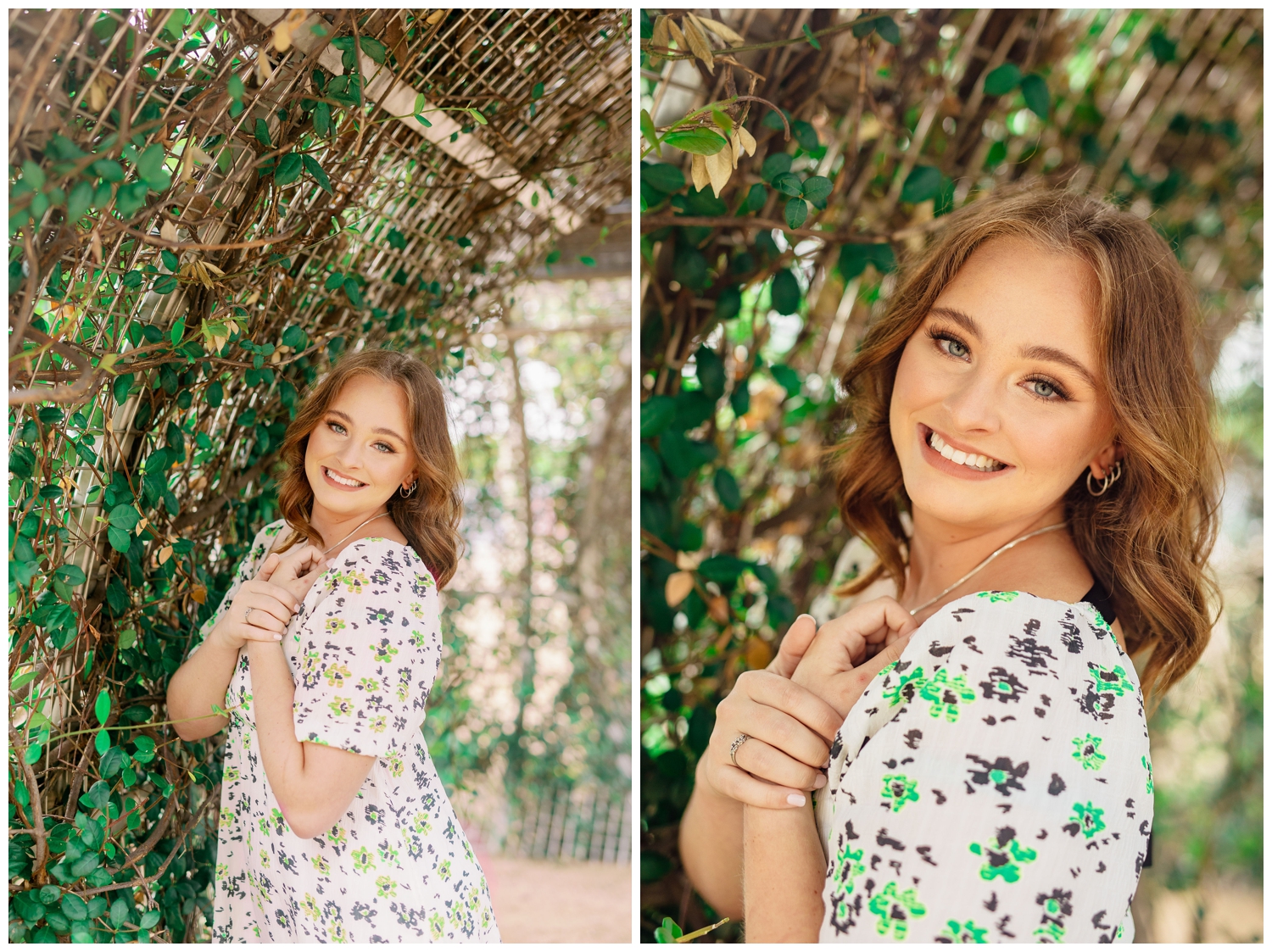 girl in colorful dress standing under ivy arch at Sabine Street senior pictures in Houston