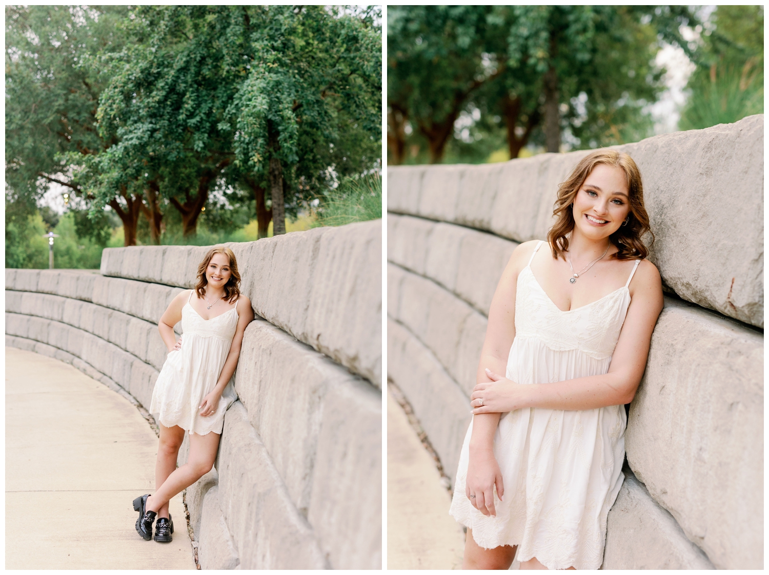girl in white sundress leaning against gray wall Houston, Texas
