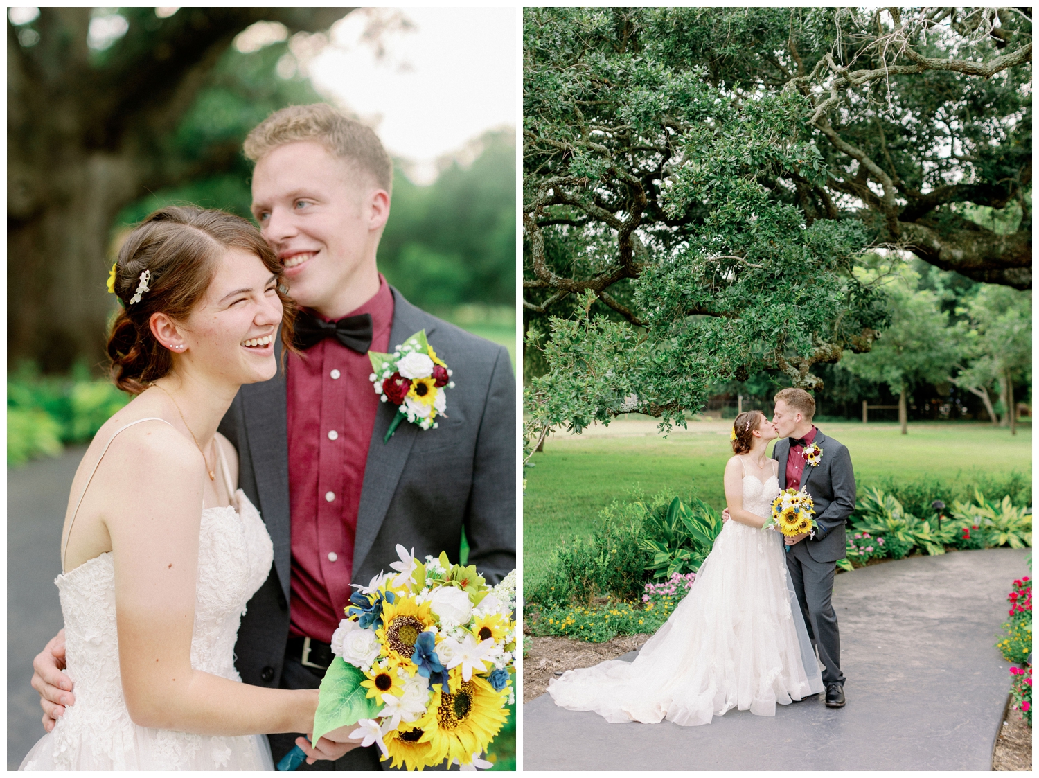 bride and groom portraits with sunflower bouquet