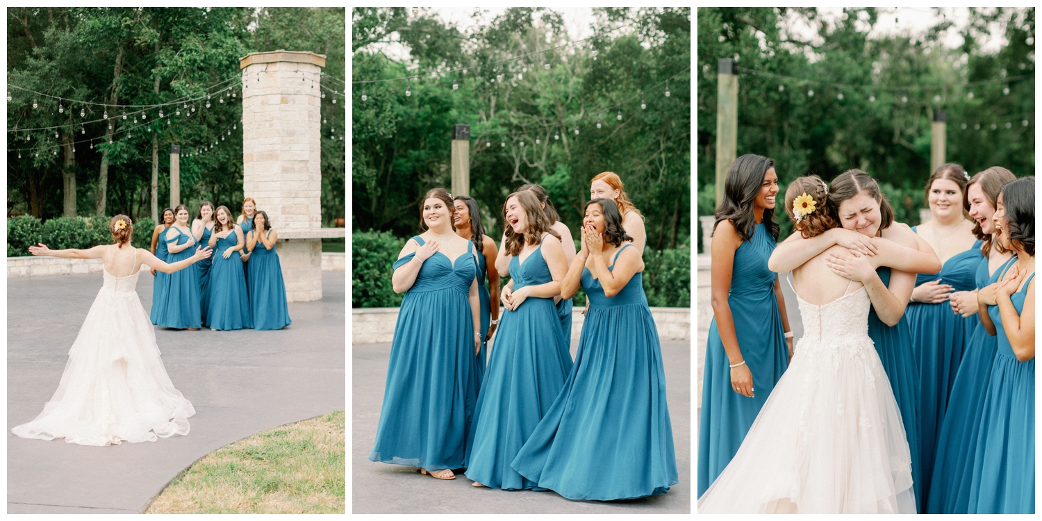 bridesmaid reveal wearing blue dresses